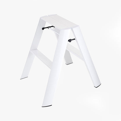 White Lucano Hasegawa 2-step ladder, aluminum and steel, with grooved treads and black non-skid feet.