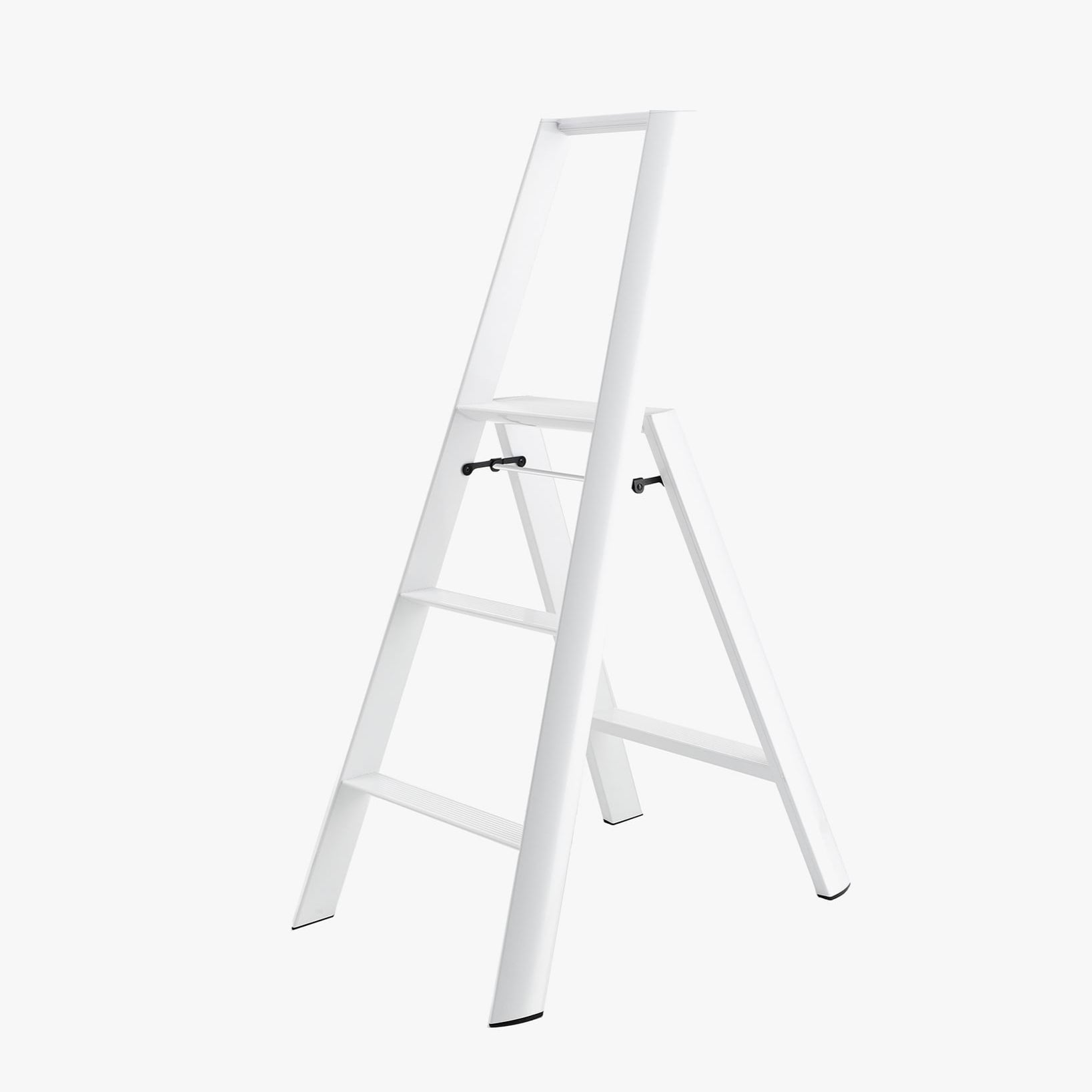 White Lucano Hasegawa 3-step lightweight ladder, aluminum and steel, with matte finish and black non-skid feet.