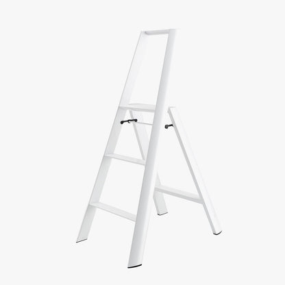 White Lucano Hasegawa 3-step lightweight ladder, aluminum and steel, with matte finish and black non-skid feet.