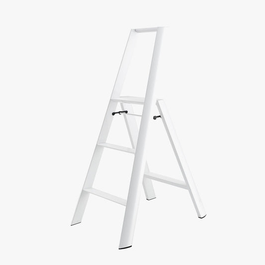 White Lucano Hasegawa 3-step lightweight ladder, aluminum and steel, with matte finish and black non-skid feet.