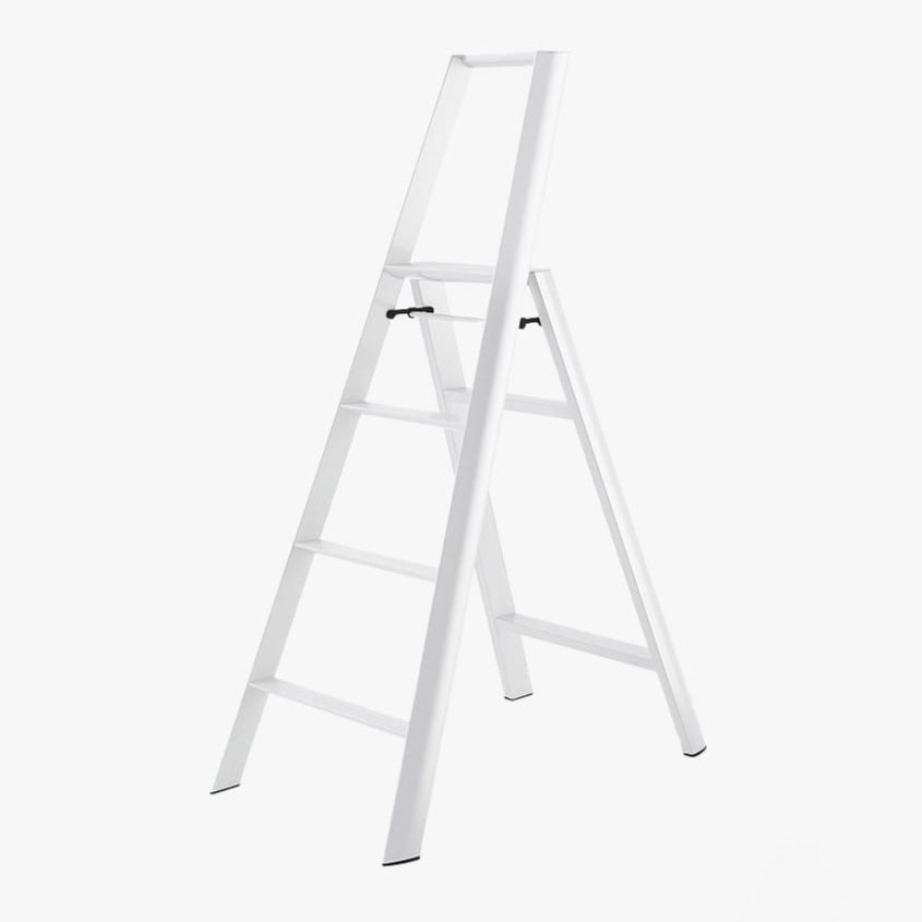 White Lucano Hasegawa 4-step lightweight ladder, aluminum and steel with matte paint, black accents.