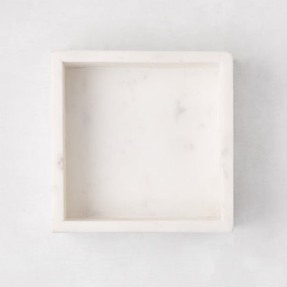 White marble square napkin holder, 5.75"L x 5.75"W, with subtle veining.