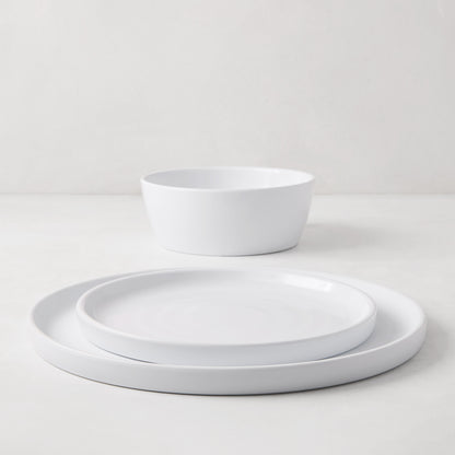 HG White Melamine Dinner Plate, salad plate, and bowl with modern lipped design.