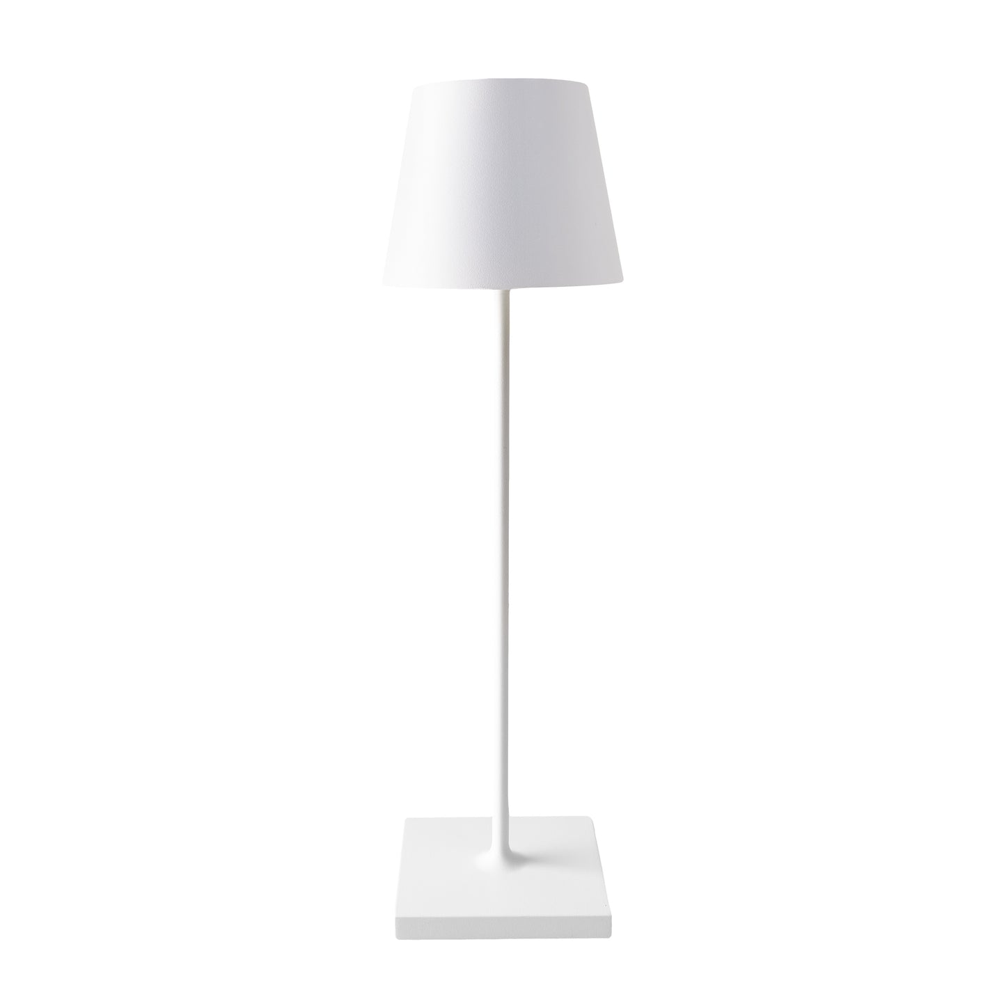 White Poldina indoor/outdoor rechargeable lamp with a modern, minimalistic design and square base.