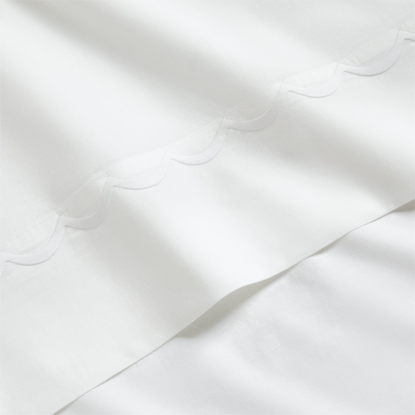 White percale sheet set with a delicate scallop stitched edge.