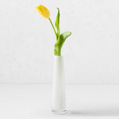 White Solifleur Large Glass Bud Vase, 8.27"H, with a single yellow tulip.