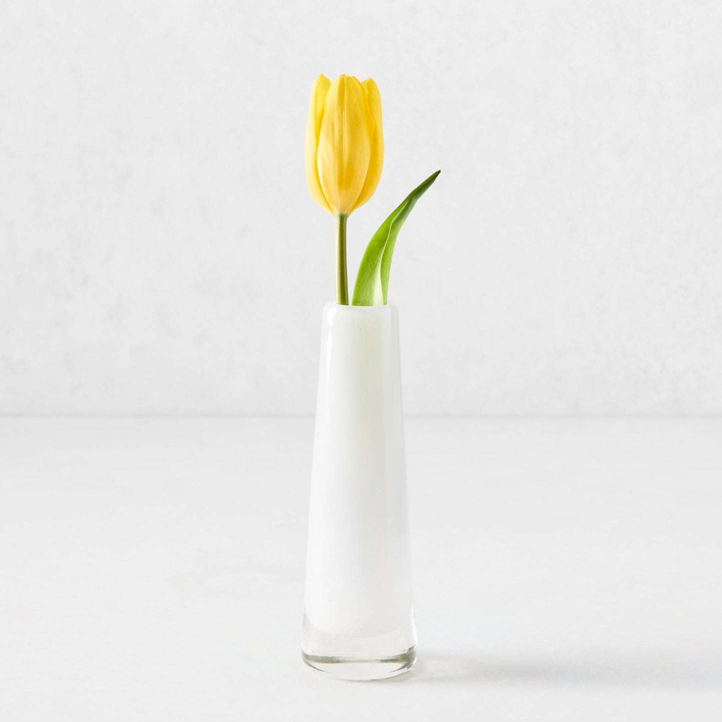 White Solifleur small glass bud vase with a single yellow tulip.