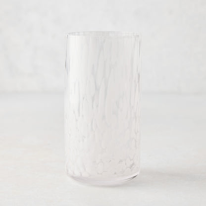 White Spotted Highball Glass, clear glass with opaque white spots, 15.22 oz.