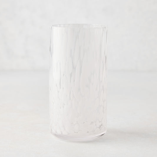 White Spotted Highball Glass, clear glass with opaque white spots, 15.22 oz.