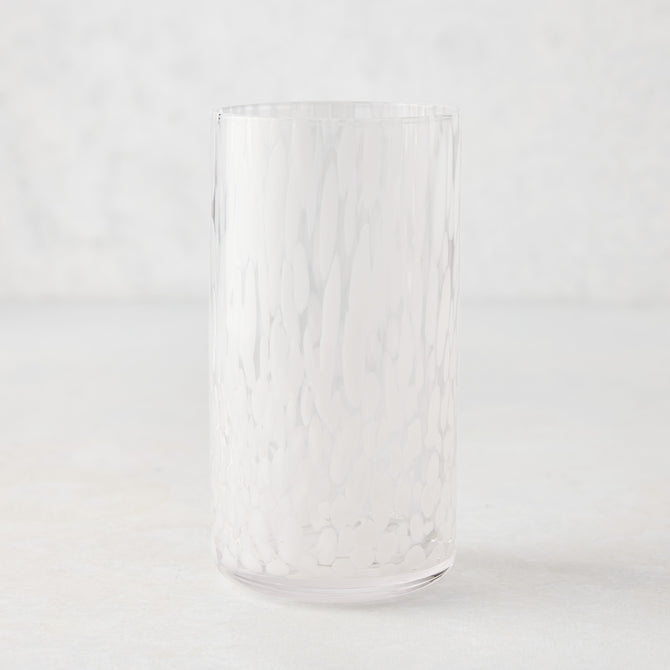 White Spotted Highball Glass, clear glass with opaque white spots, 15.22 oz.