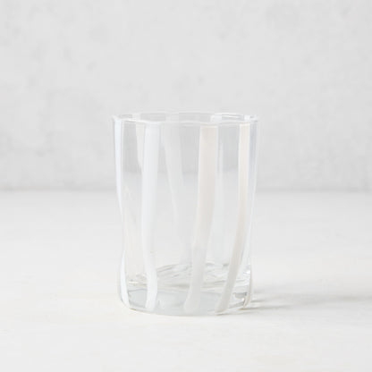 Hand-made Italian clear double old fashioned glass with vertical white stripes.