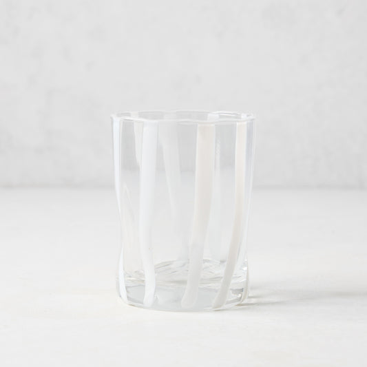 Hand-made Italian clear double old fashioned glass with vertical white stripes.