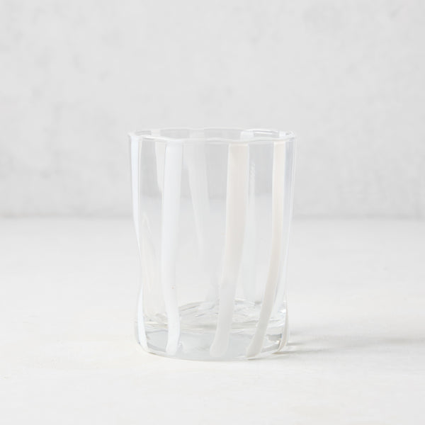 Hand-made Italian clear double old fashioned glass with vertical white stripes.