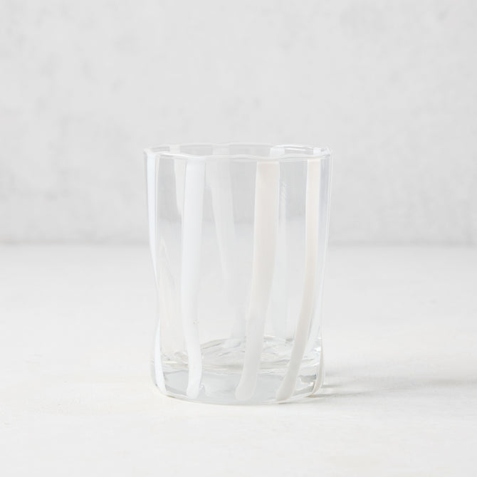 Hand-made Italian clear double old fashioned glass with vertical white stripes.