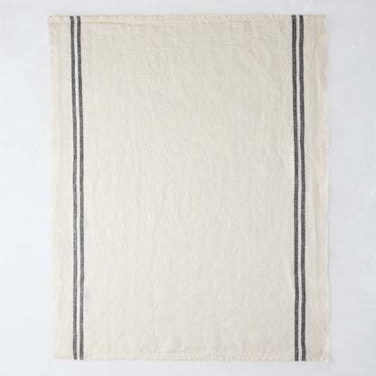 White French linen hand towel with two vertical black stripes.