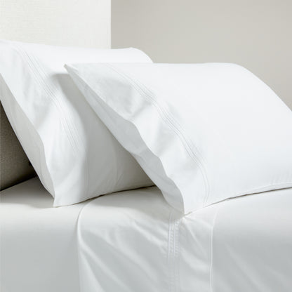 White Triple Stitch Percale Sheet Set with two pillowcases and flat sheet, 310-thread-count cotton.