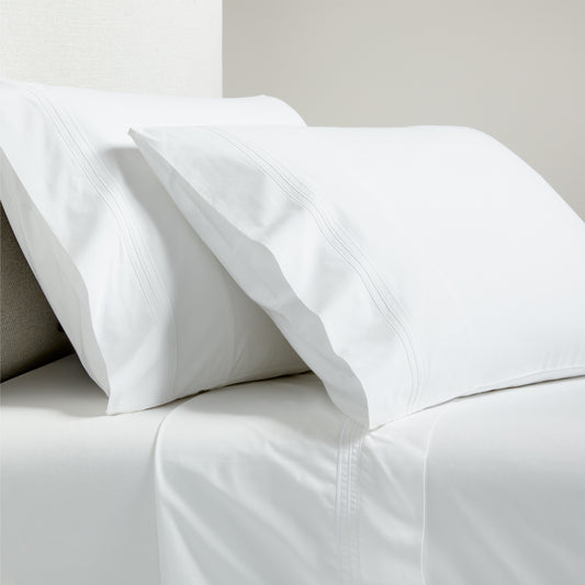 White Triple Stitch Percale Sheet Set with two pillowcases and flat sheet, 310-thread-count cotton.