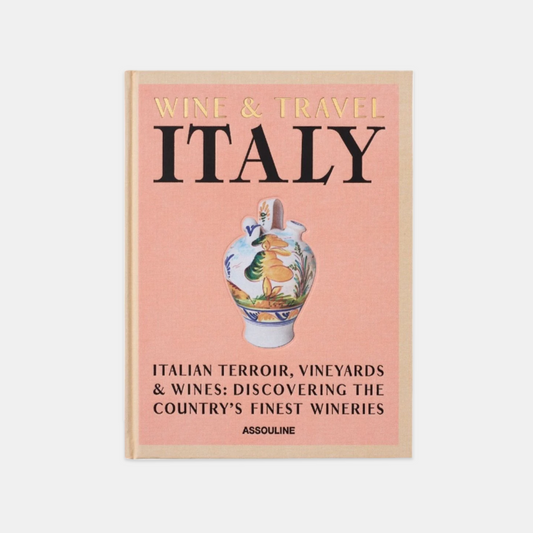 Hardcover book "Wine & Travel Italy" with a peach cover, gold title, and a colorful painted vase.