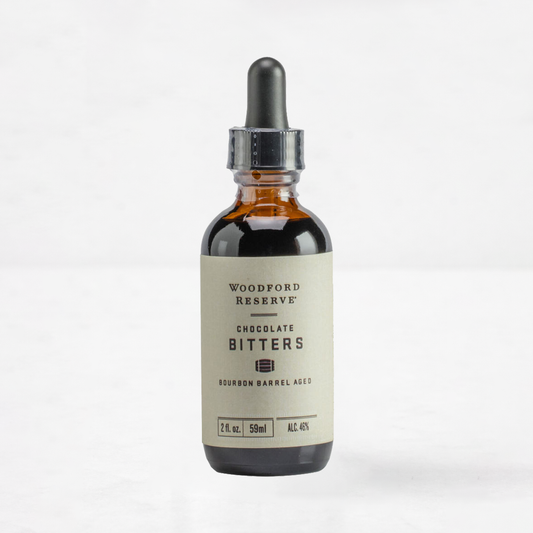 Woodford Reserve Chocolate Bitters, 2 fl. oz. amber glass dropper bottle with a cream label.