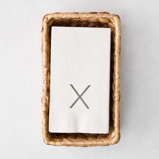 Woven hyacinth hand towel holder with white monogrammed hand towels, 9.5"L x 5.3"W x 3"H.