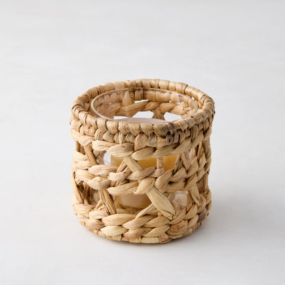 Woven Hyacinth Votive Candle Holder, natural banana bark and glass, 4"Dia x 4"H.