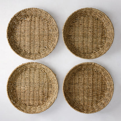 Set of 4 round woven seagrass plates with natural texture, 12.75"Dia.