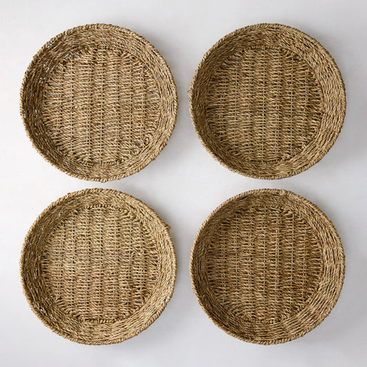Set of 4 round woven seagrass plates with natural texture, 12.75"Dia.