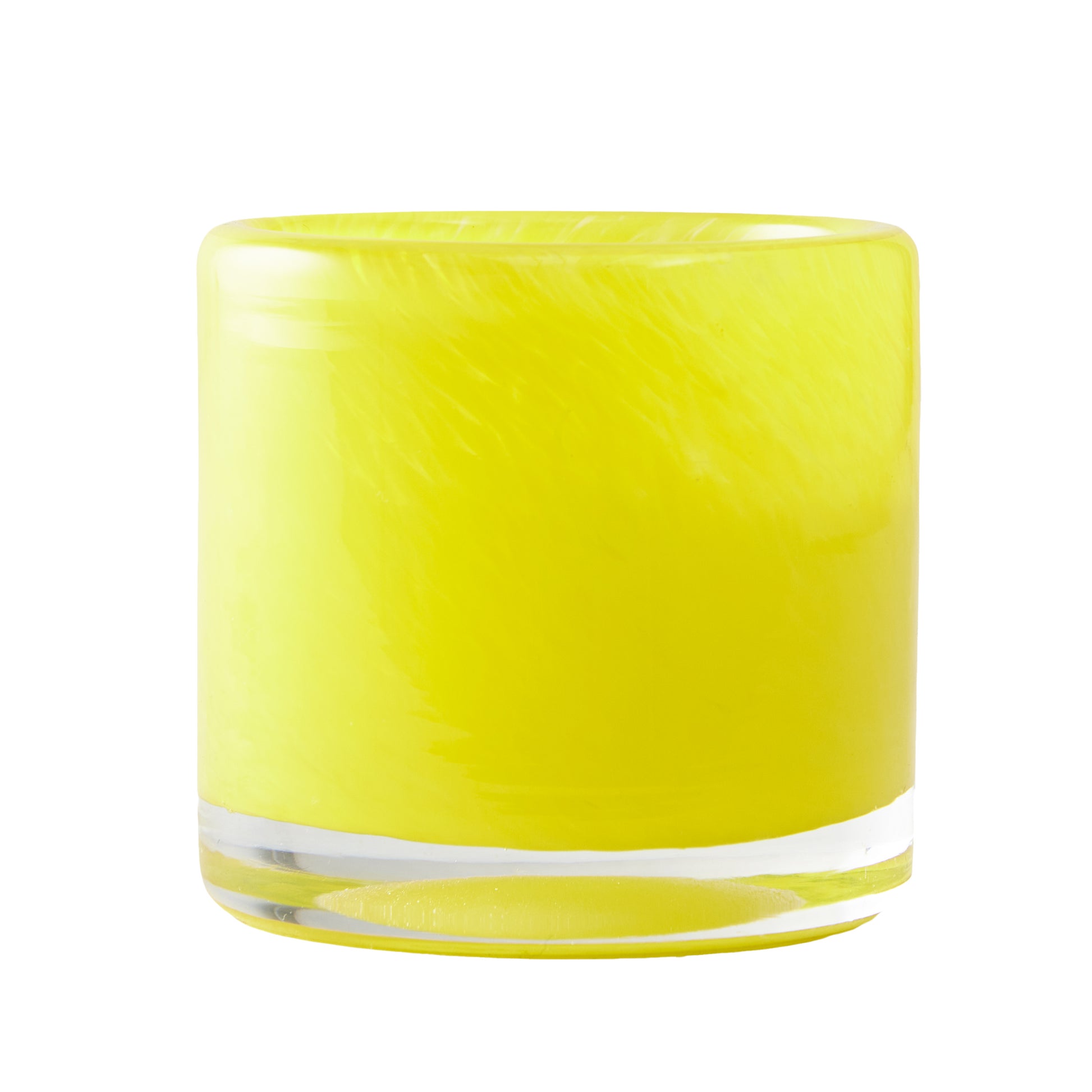 Bright yellow glass votive candle holder, 2.75" tall, with a clear base and subtle swirl pattern.
