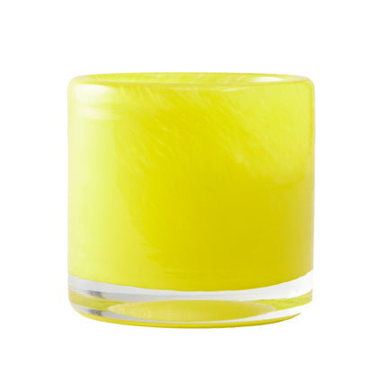 Bright yellow glass votive candle holder, 2.75" tall, with a clear base and subtle swirl pattern.