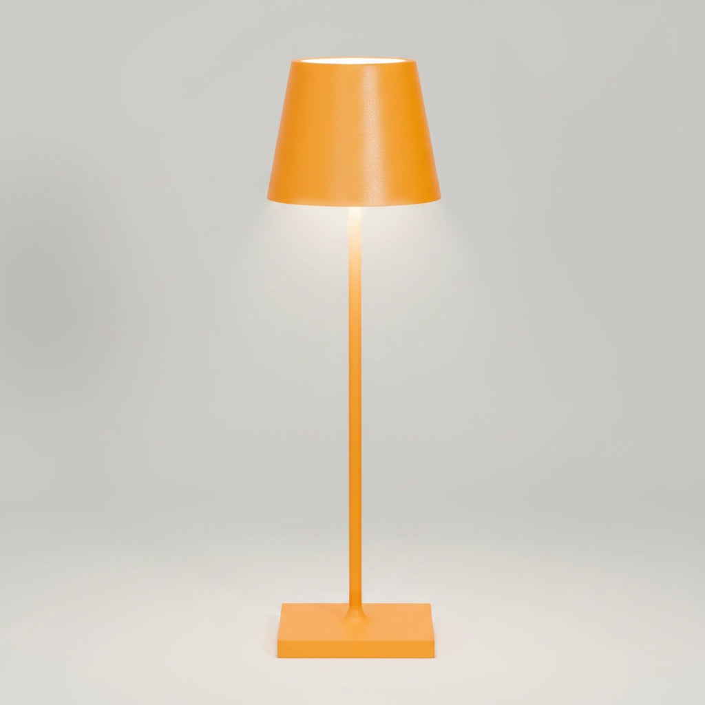 Yellow Poldina Pro rechargeable LED lamp with a sleek, modern design and glowing light.
