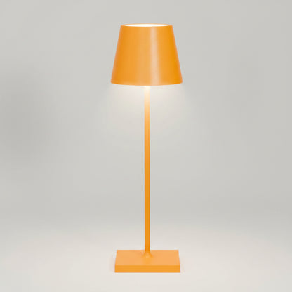 Yellow Poldina Pro rechargeable LED lamp with a sleek, modern design and glowing light.