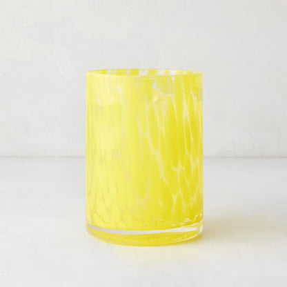 Yellow Spotted Double Old Fashioned Glass, clear glass with bright yellow spots, 12oz, 3"Dia x 4.25"H.