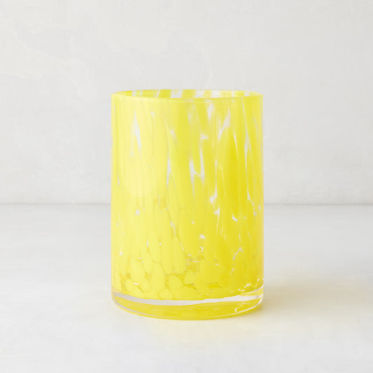 Yellow Spotted Double Old Fashioned Glass, clear glass with bright yellow spots, 12oz, 3"Dia x 4.25"H.