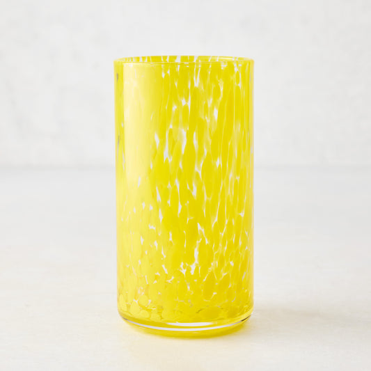 Yellow Spotted Highball Glass, clear glass with bright yellow spots, 15.22 oz, 3.3"Dia x 5.7"H.