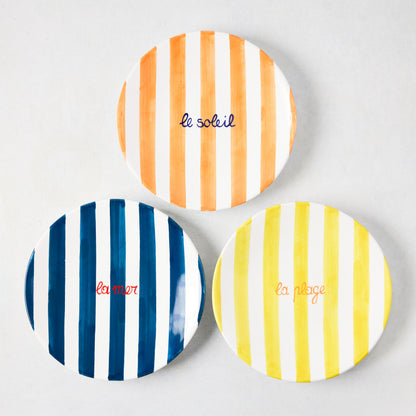 Yellow Stripe "La Plage" ceramic appetizer plate with hand-painted stripes and text, 7.85" Dia.
