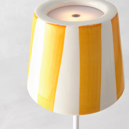 Yellow striped hand-painted ceramic lamp shade, 4.5"Dia x 4.5"H, over a lit lamp.