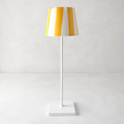Yellow striped ceramic lamp shade on a white lamp base, 4.5"Dia x 4.5"H, hand-painted.