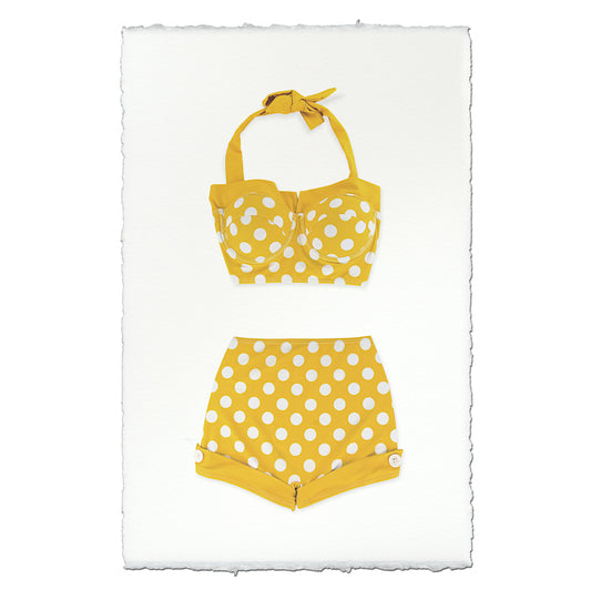 Yellow vintage swimsuit wall art print on English watercolor paper, featuring white polka dots.