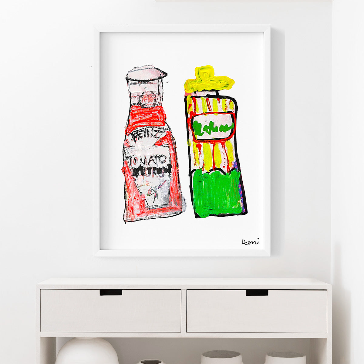Kerri Rosenthal "Ketchup to My Mustard" art print, vibrant red and yellow bottles, white frame.
