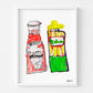 Kerri Rosenthal "You're The Ketchup to My Mustard" art print in a white frame, featuring colorful, playful ketchup and mustard bottles.