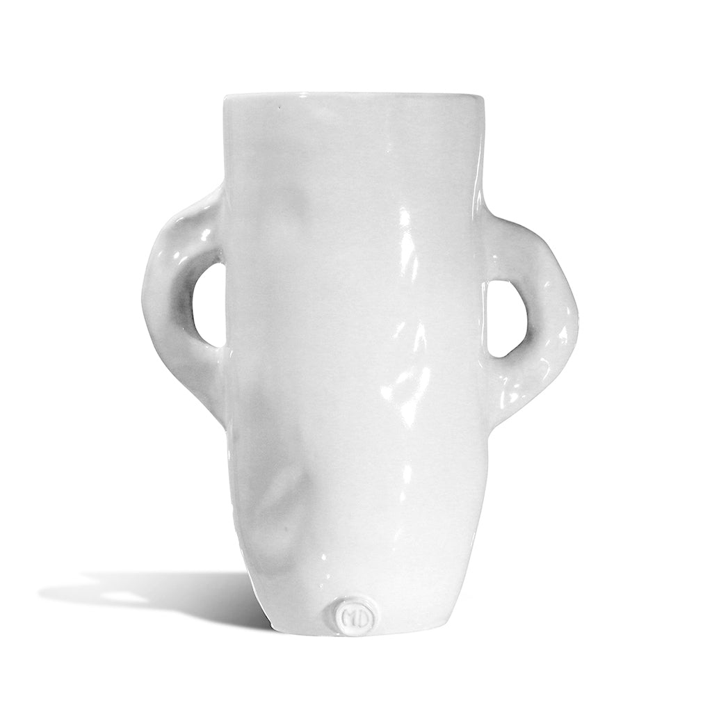 unique white ceramic flower vase with two handles