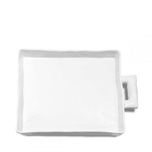 large square white serving platter with handle