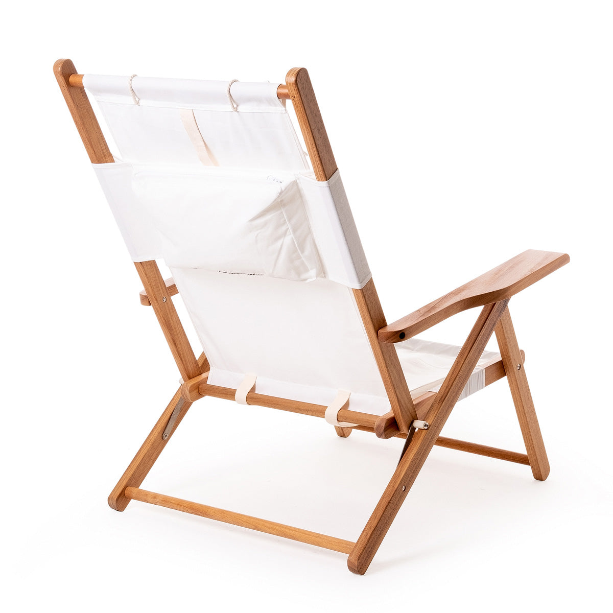 white canvas and wood reclining outdoor beach chair