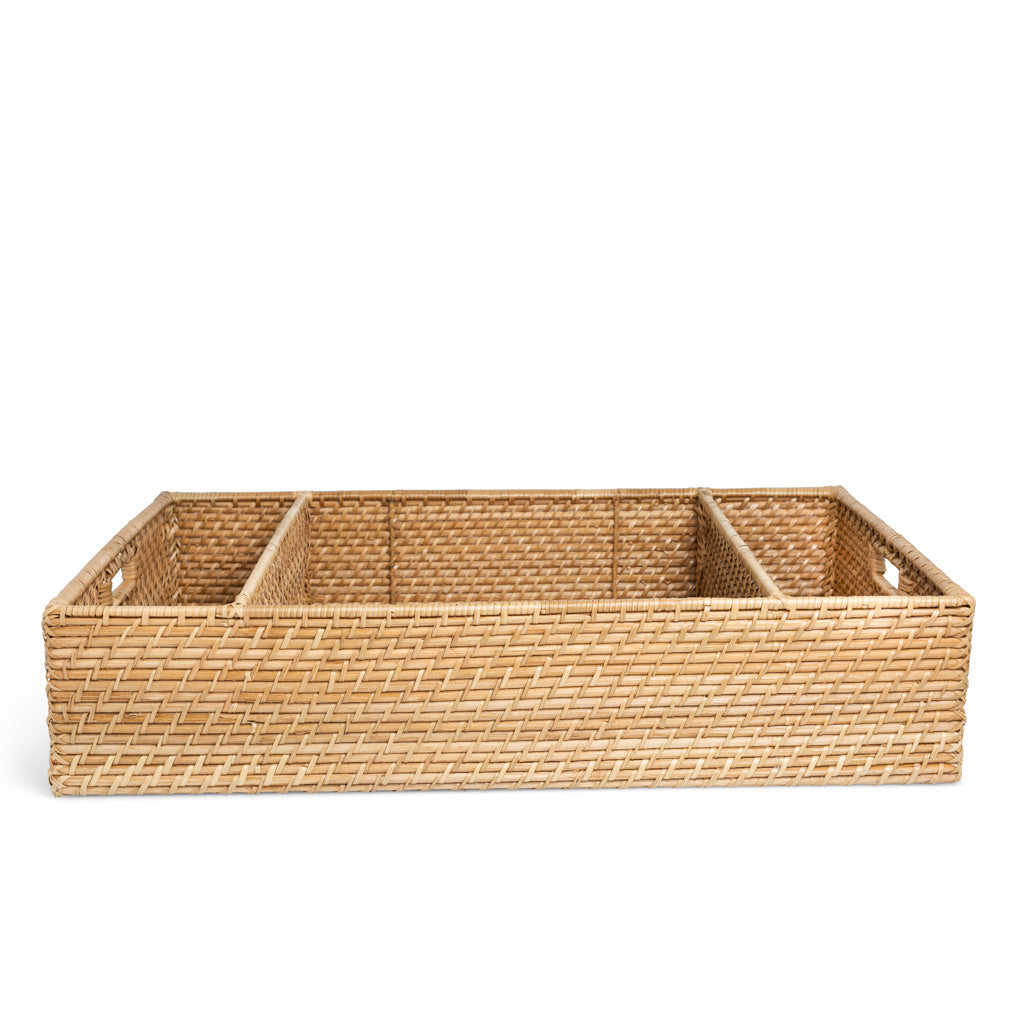 large wicker bar tray with handles and dividers 