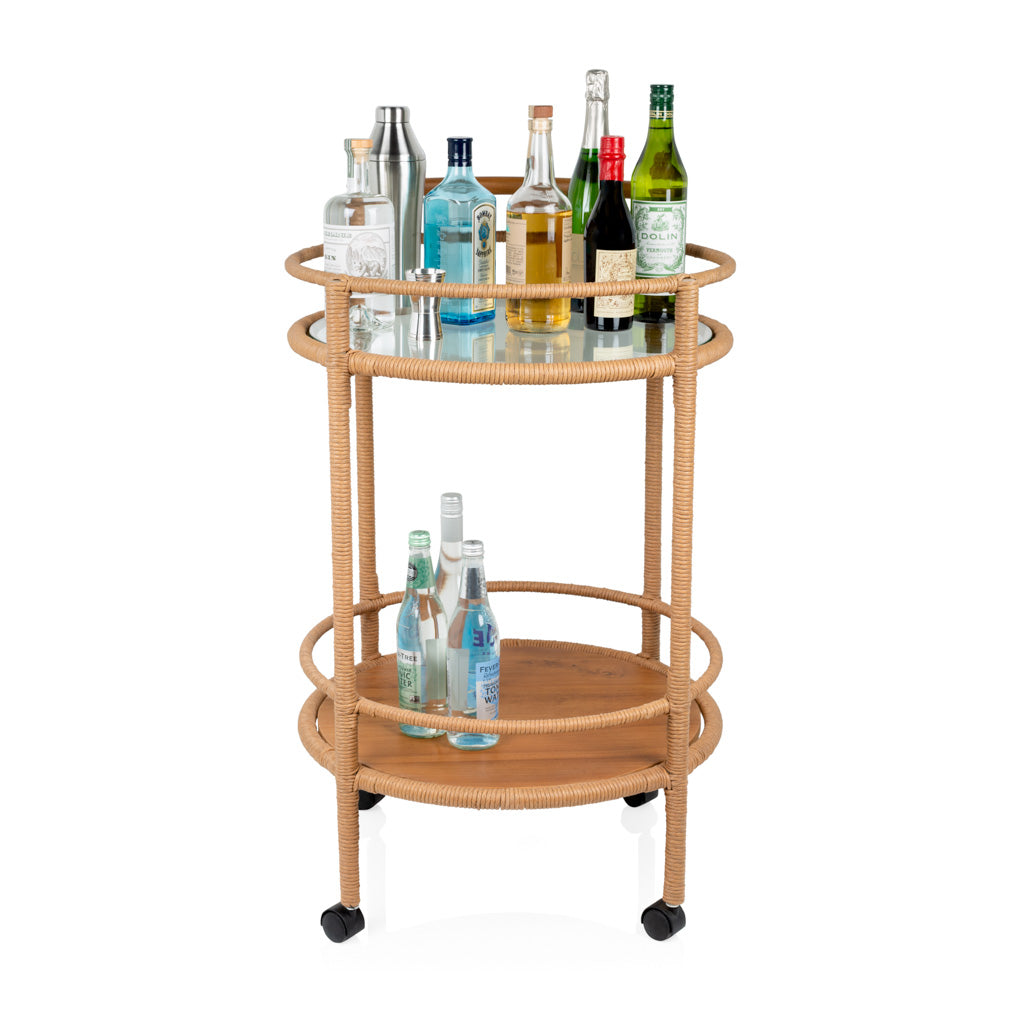 two shelf bar cart with bar accessories