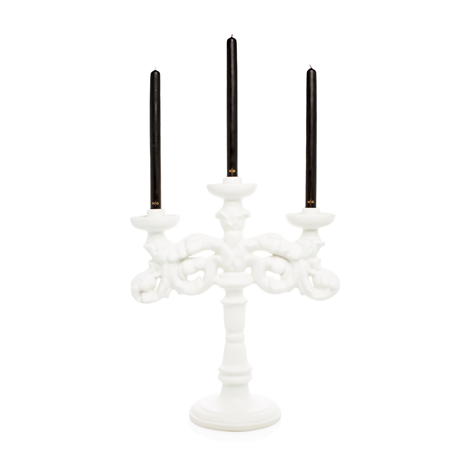 Baroque matte white ceramic three candle candelabra