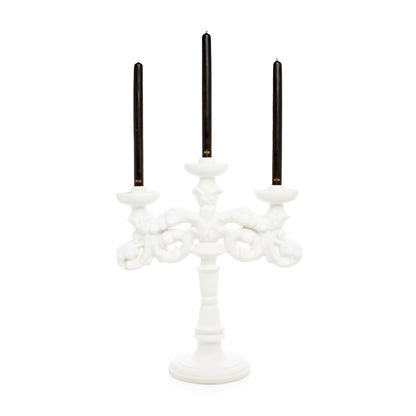 Baroque matte white ceramic three candle candelabra