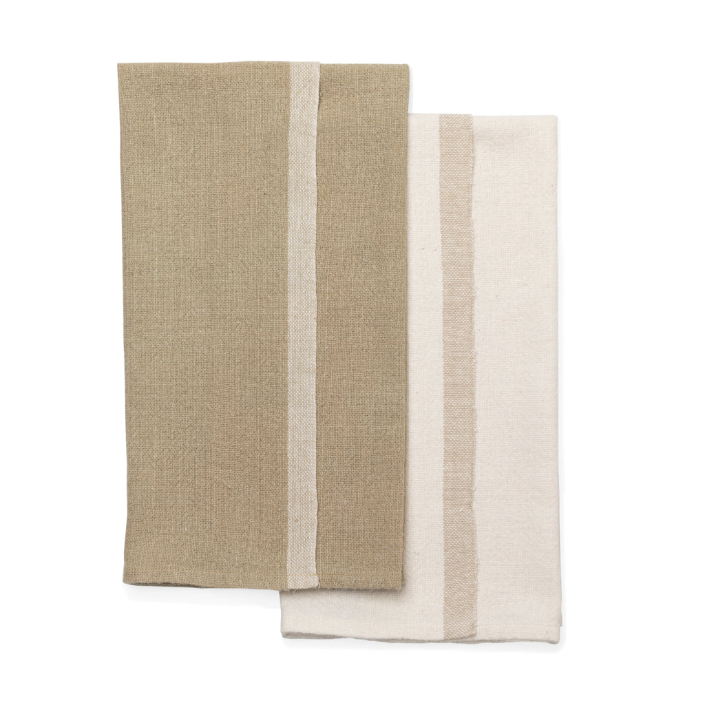 khaki and white hand towel with stripes set of 2