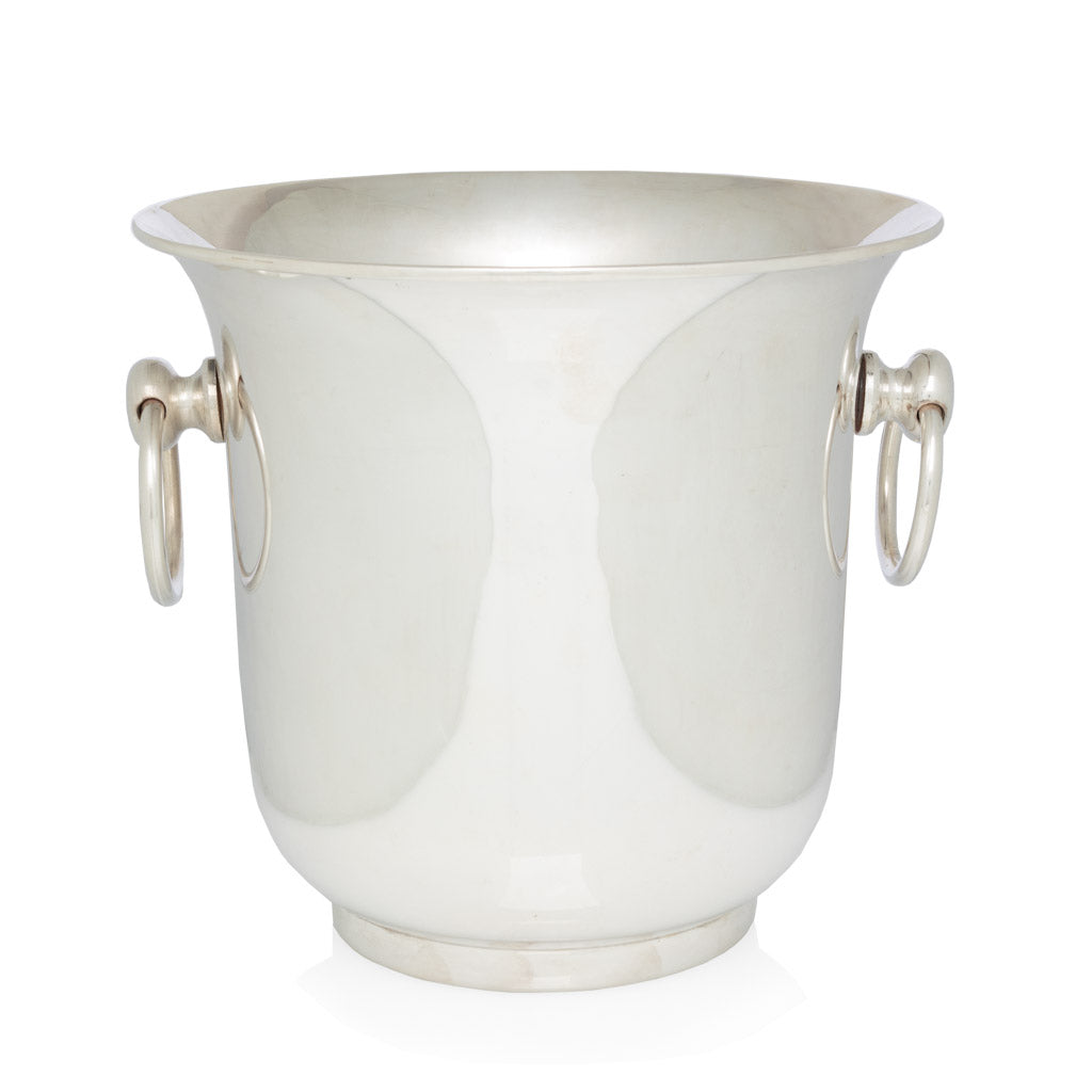 Rounded vintage silver ice bucket with curved edges and ring handles
