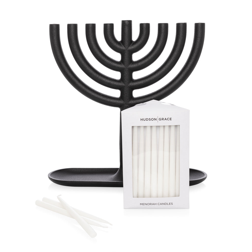 Black Cast Iron Hanukkah Menorah with Menorah Candles